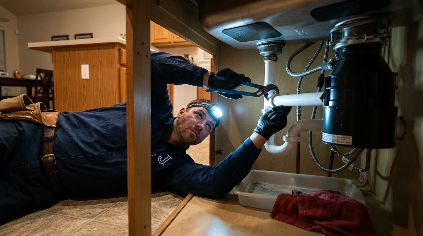 P-trap and supply line connections under a kitchen sink showing a common leak point in Middleburg, FL